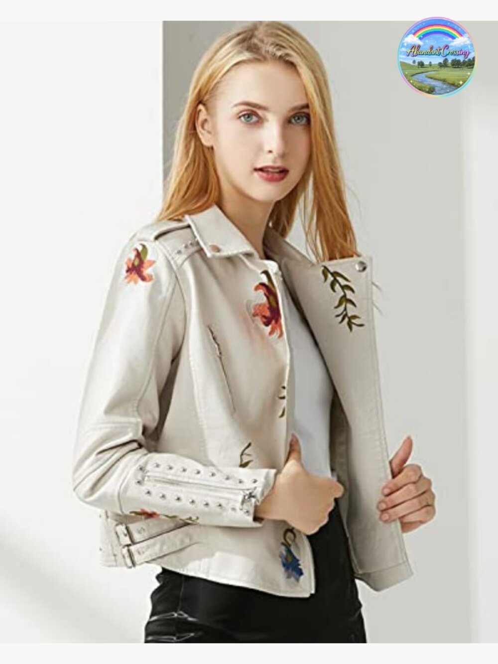Embroidered Studded Faux Leather Moto Jacket Floral Punk Coat - Picture 2 of 6